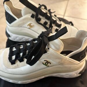 CHANEL White and Black Sneakers